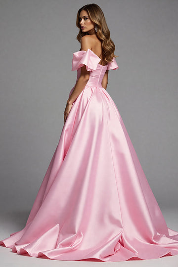 Pink Satin Ball Gown Off the Shoulder Ruffled Long Formal Dress